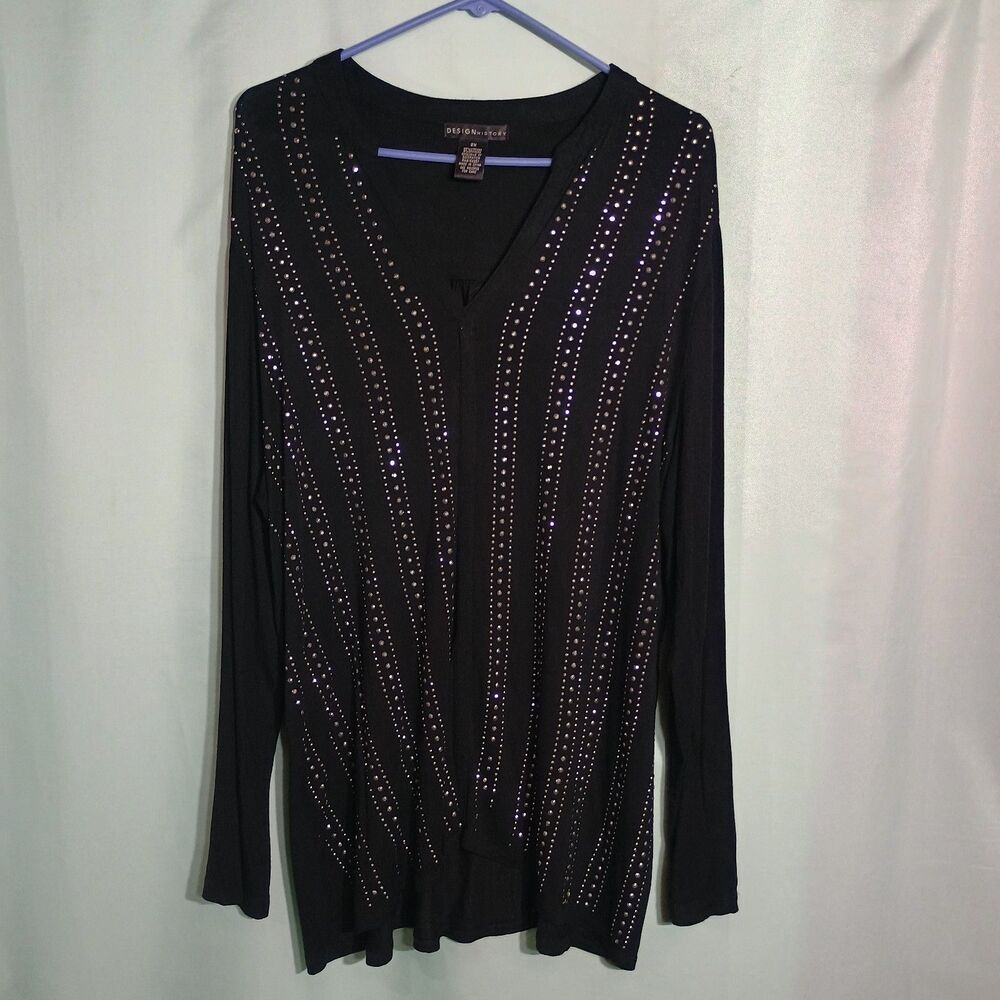 Black Rhinestone Embellished V Neck Long Sleeve Tunic Top Sparkle Party Blouse